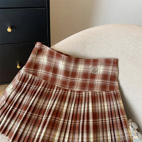 Load image into Gallery viewer, Vintage Brown Plaid Preppy Style Spring Summer Women A-line Short Pleated Skirt Y2k Red Patchwork High Waist Mini Skirt Harajuku
