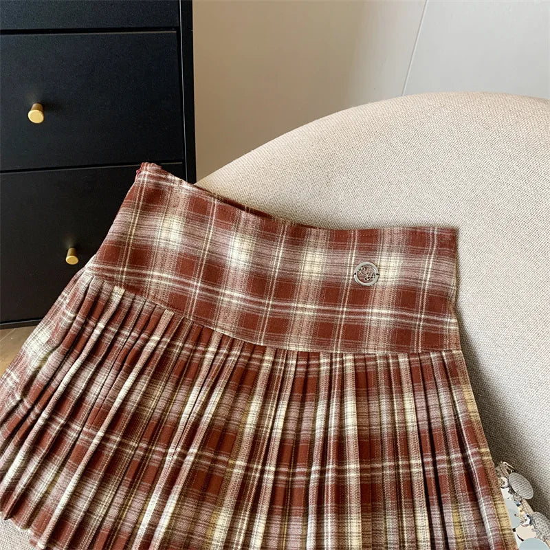 Vintage Brown Plaid Preppy Style Spring Summer Women A-line Short Pleated Skirt Y2k Red Patchwork High Waist Mini Skirt Harajuku