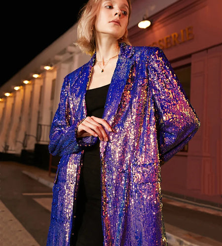 Loose Fit Blue Sequins Big Size Casual Jacket New Lapel Long Sleeve Women Coat Fashion Tide Spring Autumn 2025 1DE3504