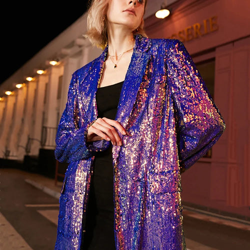Load image into Gallery viewer, Loose Fit Blue Sequins Big Size Casual Jacket New Lapel Long Sleeve Women Coat Fashion Tide Spring Autumn 2025 1DE3504
