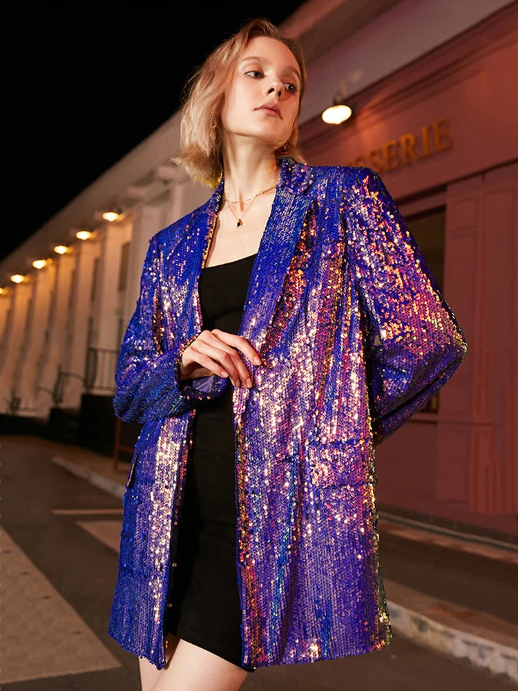 Loose Fit Blue Sequins Big Size Casual Jacket New Lapel Long Sleeve Women Coat Fashion Tide Spring Autumn 2025 1DE3504