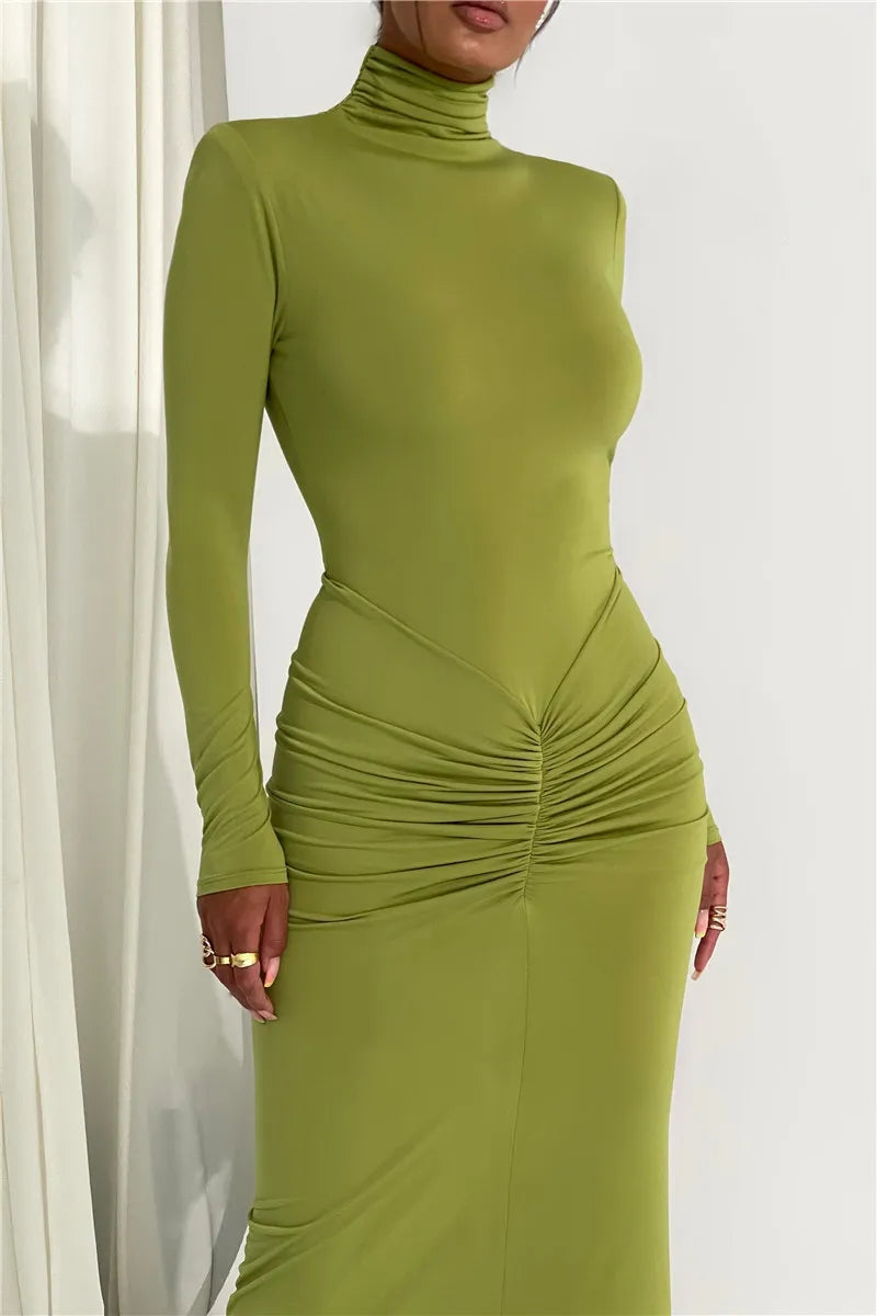 Elegant Turtleneck Long Sleeve Bodycon Maxi Dress Women Autumn Winter New Ruched Club Party Sexy Dress Vestidos