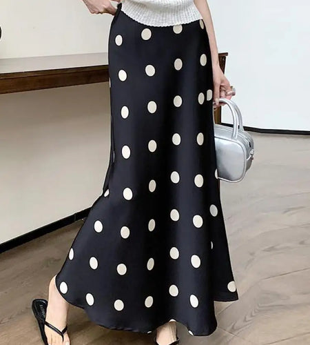 Spring Summer Women Black Beige Polka Dot Elegant Fishtail Long Skirt Korean Fashion High Waist Vacation Wrapped Hip Skirt Trend