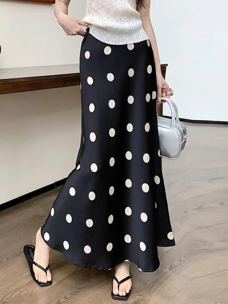 Spring Summer Women Black Beige Polka Dot Elegant Fishtail Long Skirt Korean Fashion High Waist Vacation Wrapped Hip Skirt Trend