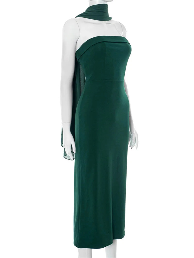Scarf Collar Strapless Sexy Maxi Dress Women Gown Off-shoulder Sleeveless Backless Bodycon Club Party Long Dress 2025
