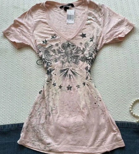 Women Vintage Print All Match Slim Waist Tees Streetwear Grunge V-neck Tops Y2k Aesthetic Casual T-Shirts Female Korean Harajuku