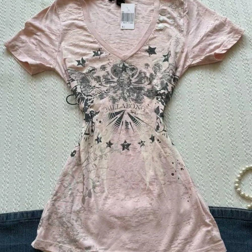 Load image into Gallery viewer, Women Vintage Print All Match Slim Waist Tees Streetwear Grunge V-neck Tops Y2k Aesthetic Casual T-Shirts Female Korean Harajuku
