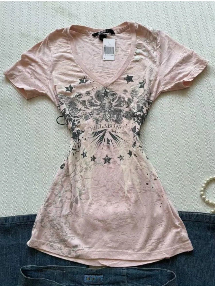 Women Vintage Print All Match Slim Waist Tees Streetwear Grunge V-neck Tops Y2k Aesthetic Casual T-Shirts Female Korean Harajuku