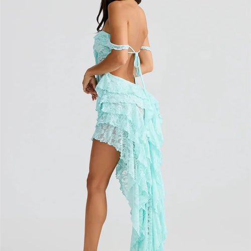 Load image into Gallery viewer, Lace Ruffle Sexy Maxi Dress Women Fashion Summer Off-shoulder Strapless Sleeveless Backless Beach Holiday Club Dress
