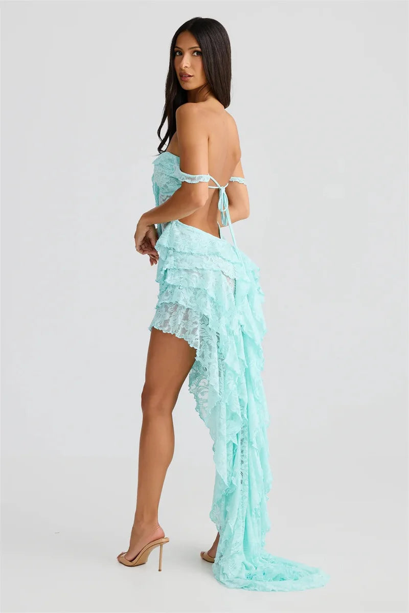 Lace Ruffle Sexy Maxi Dress Women Fashion Summer Off-shoulder Strapless Sleeveless Backless Beach Holiday Club Dress