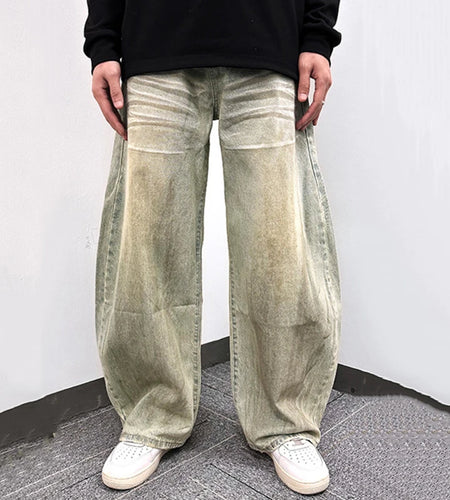 Men's Jeans New Casual Pants Curved Knife Style Washed Straight Wide Leg Trendy Worn-out Personaility Male Clothing 9W1858