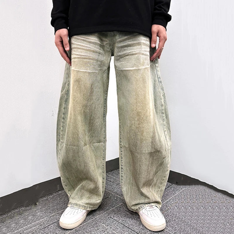 Men's Jeans New Casual Pants Curved Knife Style Washed Straight Wide Leg Trendy Worn-out Personaility Male Clothing 9W1858