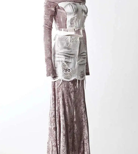 Velvet Denim T-shirt Half-body Skirt Two Pieces Suit New Slash Neck Long Sleeve Women Fashion Spring Autumn 2025 7AB6039