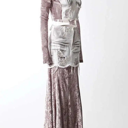 Load image into Gallery viewer, Velvet Denim T-shirt Half-body Skirt Two Pieces Suit New Slash Neck Long Sleeve Women Fashion Spring Autumn 2025 7AB6039
