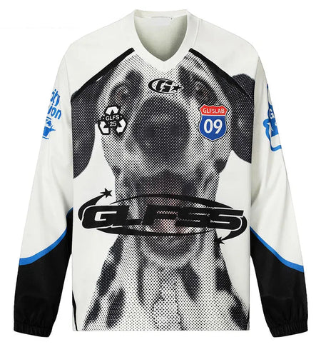 Vintage T-Shirt Y2K Grunge Dog Graphic Printed Sport Patchwork Long Sleeve Tshirt Streetwear Hip Hop Harajuku Casual Loose Shirt