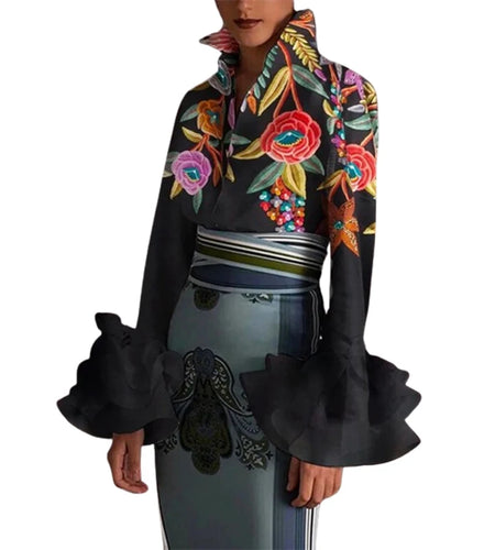 Autumn Vintage Blouses Women's Flared Sleeves Blouse Urban Flower Printed Elegant Shirts Tops for Woman