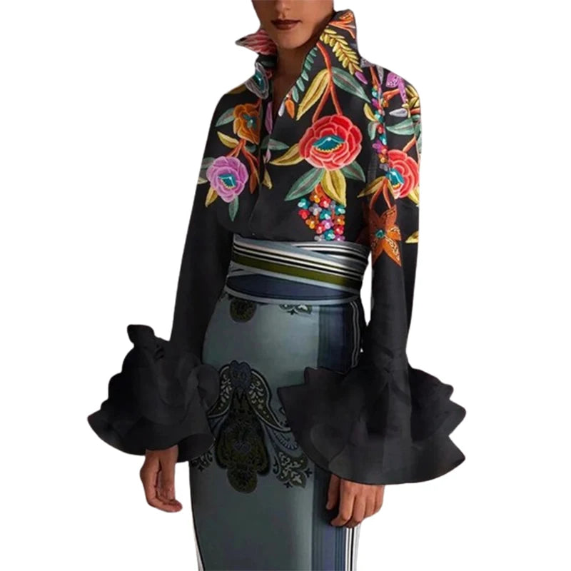 Autumn Vintage Blouses Women's Flared Sleeves Blouse Urban Flower Printed Elegant Shirts Tops for Woman