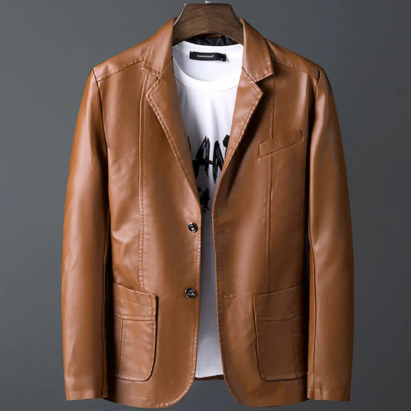 Men's Fashion Casual Spring Autumn Motorcycle Leather Coat / Male Slim Fit Solid Colour Single Breasted Pu Suit Jacket