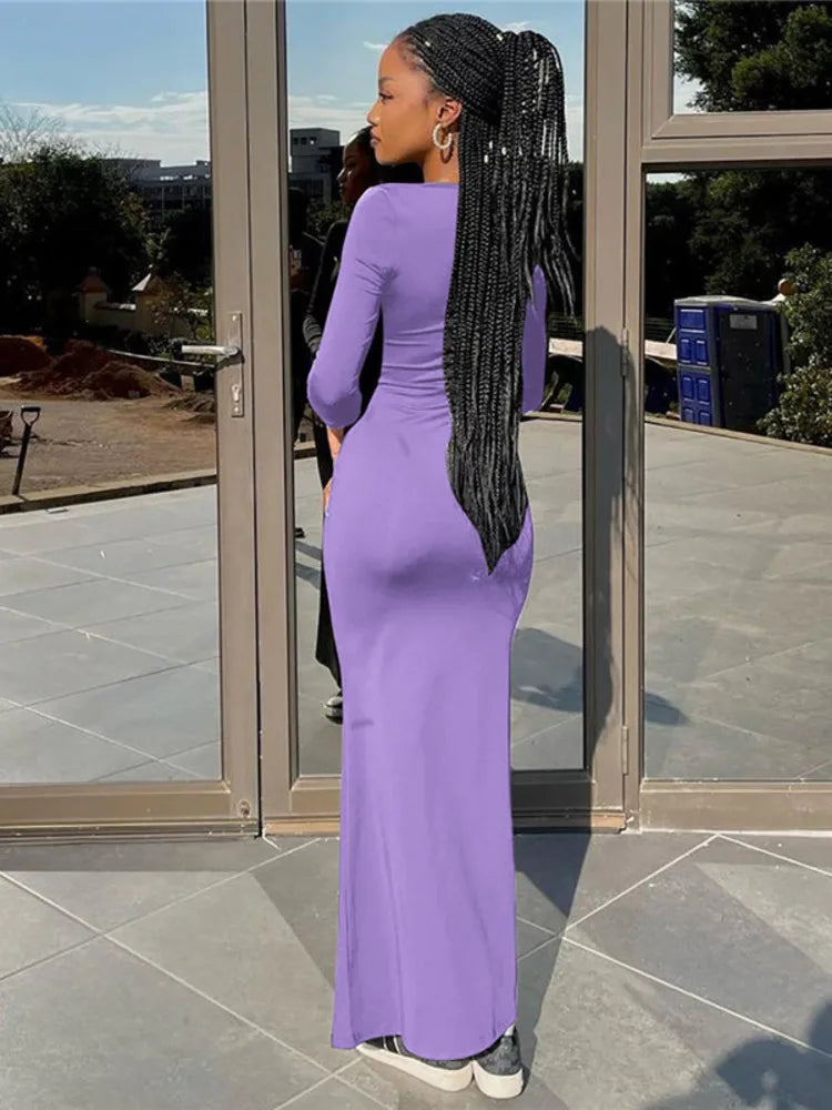 Square Collar Long Sleeve Sexy Long Dress For Women Gown Fashion Elegant Autumn Solid Bodycon Maxi Dress Clubwear