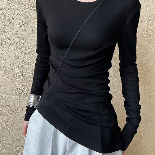 Load image into Gallery viewer, Women Gray Thin Perspective Slim Irregular T-shirt New Round Neck Long Sleeve Fashion Tide Spring Autumn 2025 1DH9981
