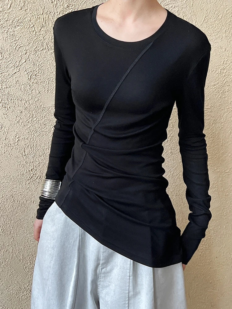 Women Gray Thin Perspective Slim Irregular T-shirt New Round Neck Long Sleeve Fashion Tide Spring Autumn 2025 1DH9981