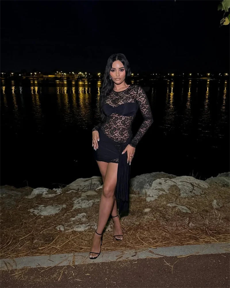 Lace See Through Draped Mini Dress Women Robe Elegant Patchwork Long Sleeve Slim Ruched Club Party Dress Clubwear