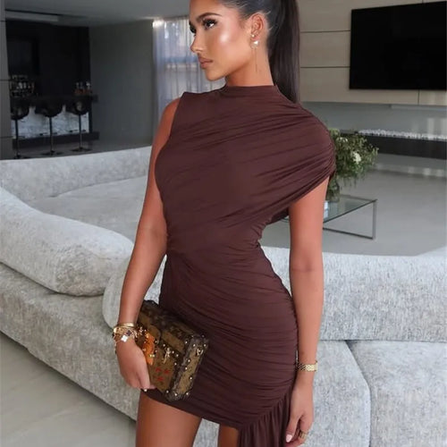 Load image into Gallery viewer, Irregular Draped Ruched Sexy Mini Dress For Women Elegant Turtleneck Sleeveless High Waist Pleated Club Party Dress
