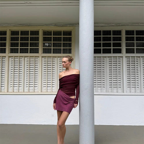 Load image into Gallery viewer, Hollow Out Off-shoulder Sexy Mini Dress Women Fashion Patchwork Strapless Long Sleeve Backless Ruched Club Dress
