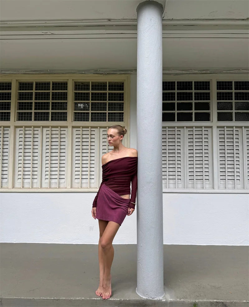 Hollow Out Off-shoulder Sexy Mini Dress Women Fashion Patchwork Strapless Long Sleeve Backless Ruched Club Dress