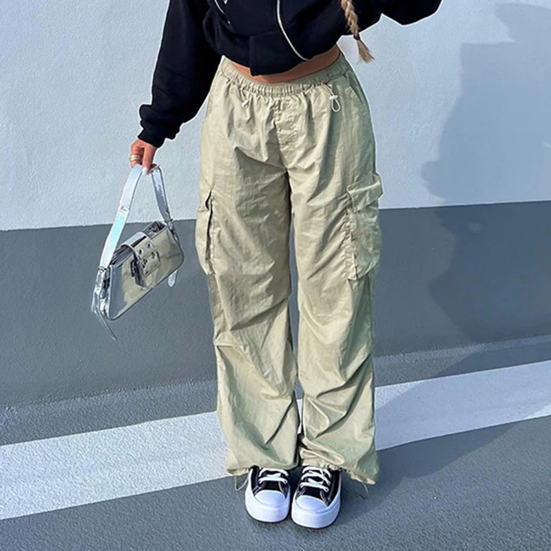 Streetwear Drawstring Low Rise Cargo Trousers Women Harajuku Baggy Pants Solid Pockets Hip Hop Tech Capris Sportswear