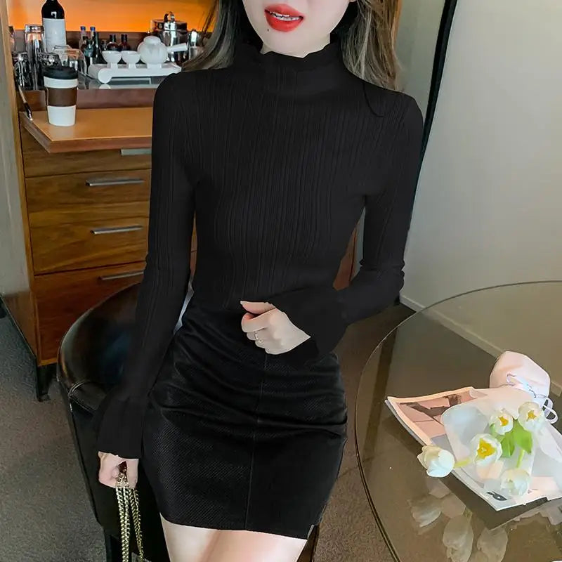 Spring Autumn Korean Black Half High Neck Elegant Slim Long Sleeve Short Top Women White Versatile Knit Sweater Fashion Popular