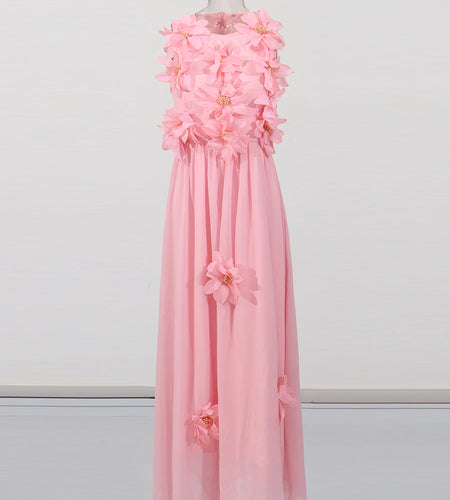 Solid Spliced 3D Flower Elegant Long Dresses for Women Round Neck Sleeveless High Waist Dress Female Clothing New