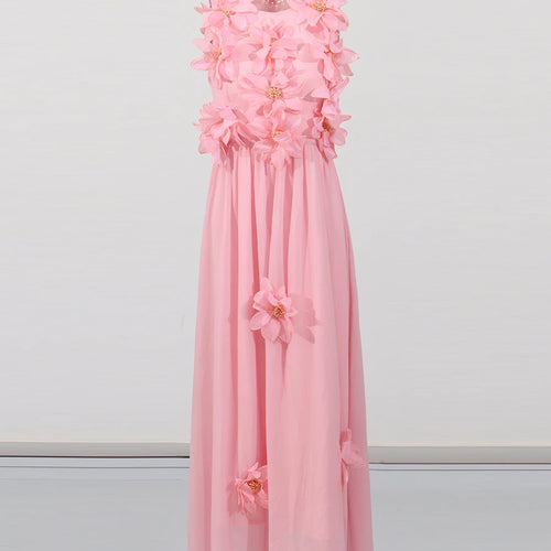 Load image into Gallery viewer, Solid Spliced 3D Flower Elegant Long Dresses for Women Round Neck Sleeveless High Waist Dress Female Clothing New
