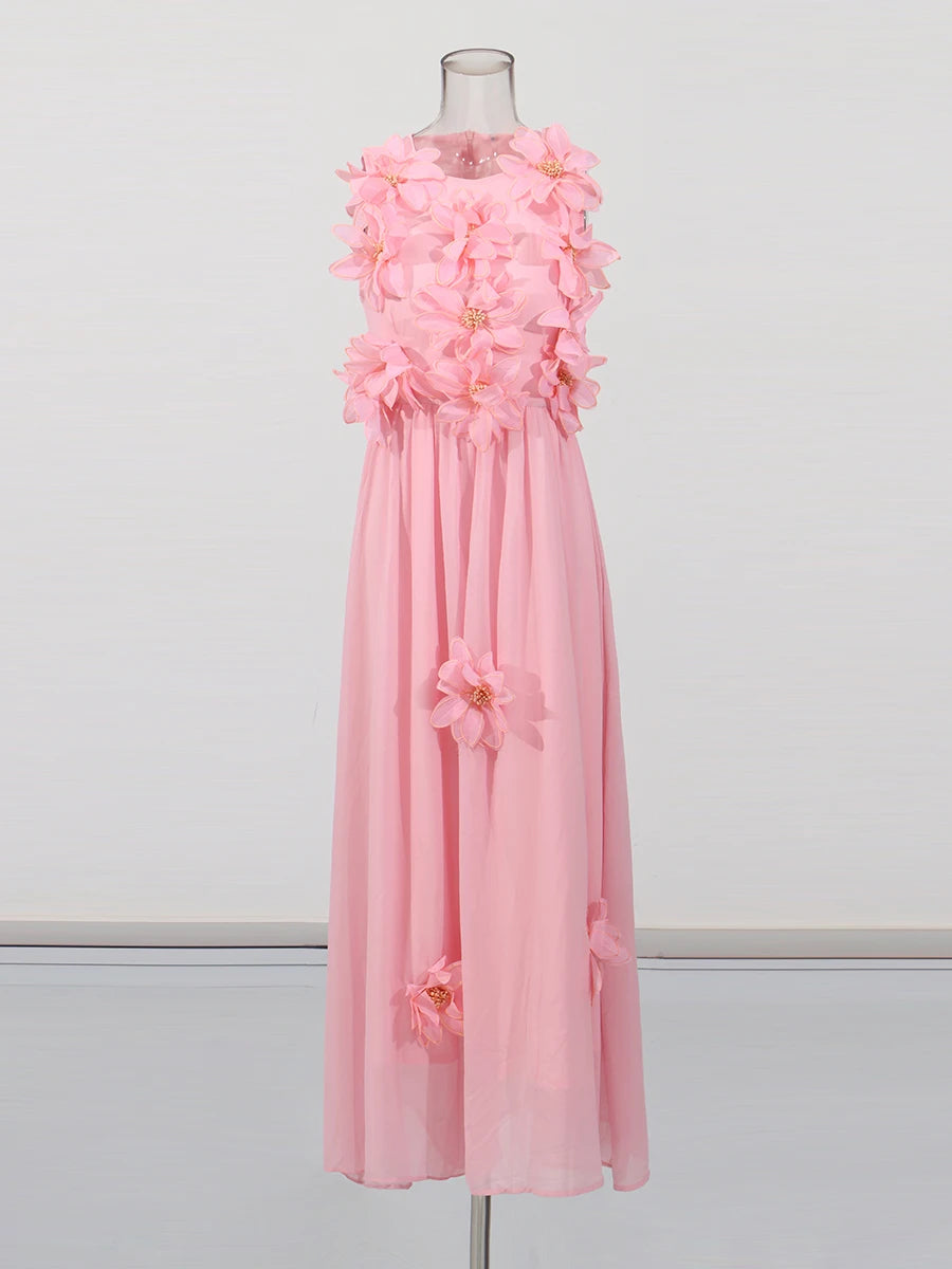 Solid Spliced 3D Flower Elegant Long Dresses for Women Round Neck Sleeveless High Waist Dress Female Clothing New