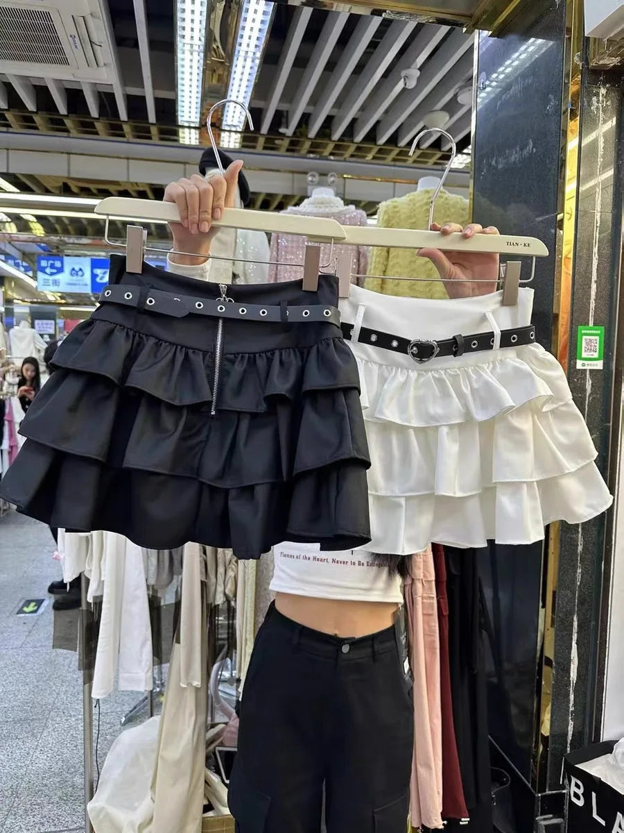 Spring Summer Women Black Brown High Waist Ruffles Cake Short Skirt White Holiday Party Pleated Mini Skirt Ladies Popular French