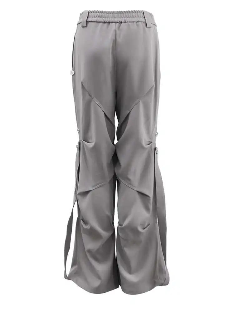 High Elastic Waist Gray Pleated Irregular Long Cargo Pants New Trousers Women Fashion Tide Spring Autumn 2025 CPG1628