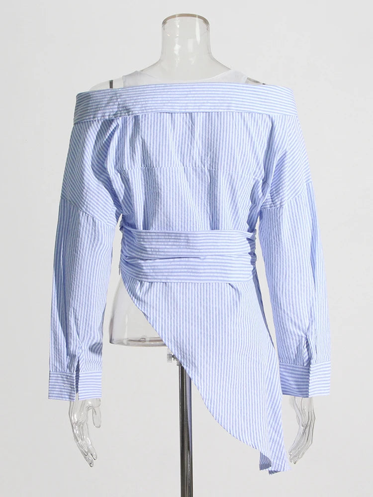 Korean Fashion Straight Striped Shirt For Women V Neck Long Sleeve Irregular Blouses Female Clothing Spring Style