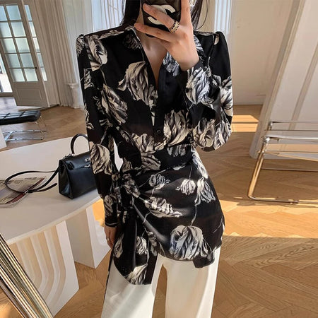 Colorblock Printing Blouses For Women V Neck Long Sleeves Patchwork Single Breasted Temperament Blouse Female