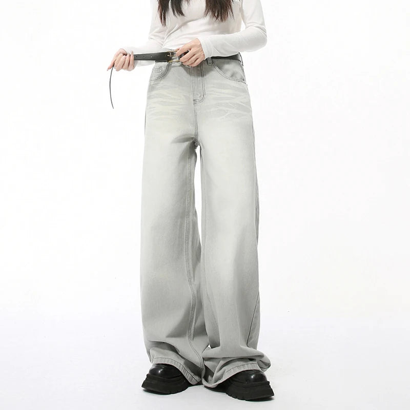 Loose Casual Men's Denim Pants New Cat Beard Washed Grinding White Light Grey Straight Wide Leg Jeans Four Seasons 9C4276