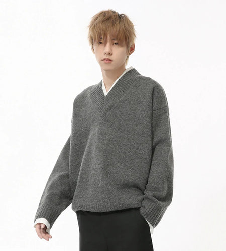 Simple Autumn Men's Kintting Top Casaul V-neck Fake Two-piece Sweaters Contrast Color Loose Male Pullover Knits Tide 9C8732