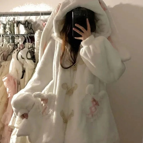Load image into Gallery viewer, Kawaii Patchwork Loose Casual Hooded Coats Japanese Streetwear Fashion Fluffy  New Y2k Aesthetic Grunge Pocket Women Tops
