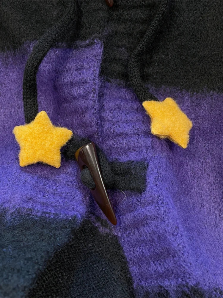 Y2k Aesthetic Star Patchwork Cardigan Femme Striped Vintage Pull  2025 Spring Mohair Harajuku Hooded Fashion Women Sweaters