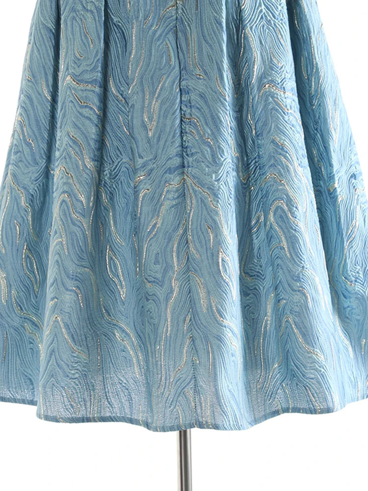 High Elastic Waist Blue Jacquard Textured Pleated A-line Half-body Skirt Women Fashion Tide New Spring Autumn 2025 1DJ1141