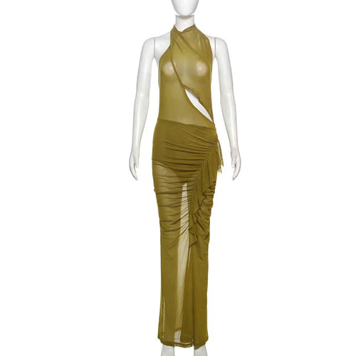 Load image into Gallery viewer, Mesh Ruffled Ruched Sexy Maxi Dress For Women Gown Fashion Solid Sleeveless Backless Bodycon Club Long Dress Vestido
