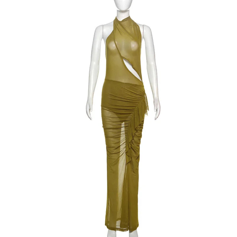 Mesh Ruffled Ruched Sexy Maxi Dress For Women Gown Fashion Solid Sleeveless Backless Bodycon Club Long Dress Vestido