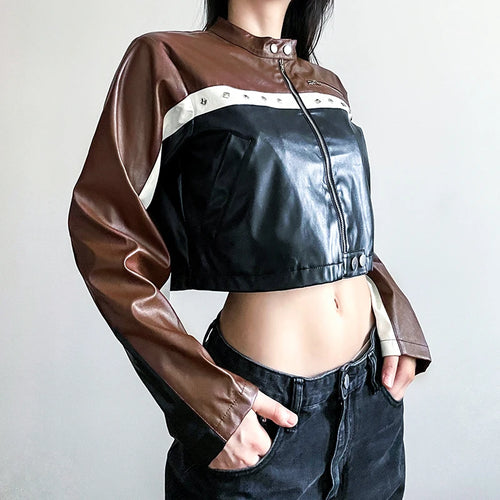 Load image into Gallery viewer, Moto&amp;Biker Style Punk Autumn Zip Up Jacket Women Patchwork Harajuku PU Leather Coat Crop Contrast Color Retro Outwear
