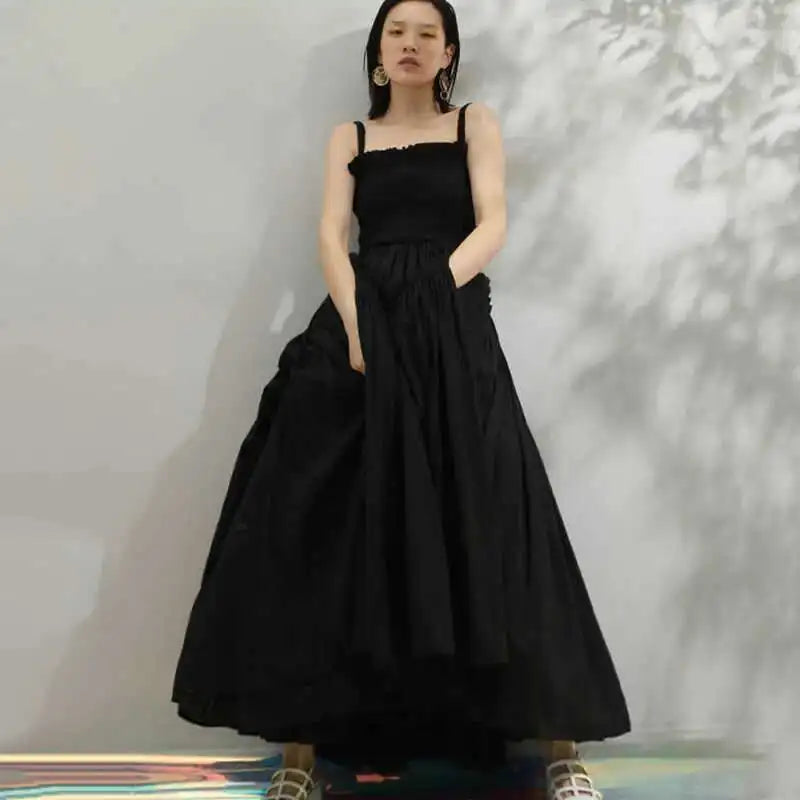 Women White Sling Backless Pleated Shrink Waist Slim Vintage Dress New Square Collar Fashion Spring Autumn 2025 JF54801