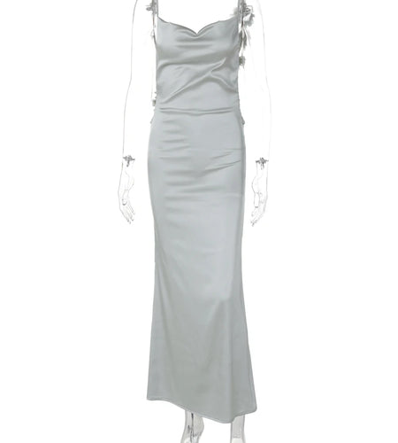 Elegant Satin Solid Slips Backless Tie Flowers Draped Sexy Slim Maxi Dress Spring Women Y2K Clothes Birthday Vacation