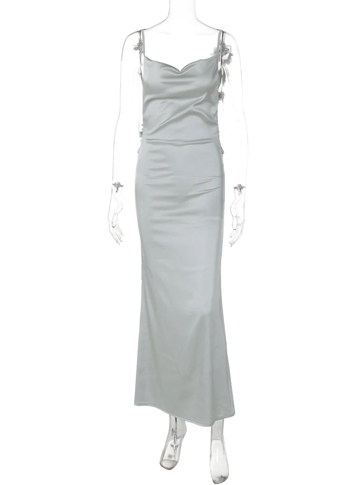 Elegant Satin Solid Slips Backless Tie Flowers Draped Sexy Slim Maxi Dress Spring Women Y2K Clothes Birthday Vacation