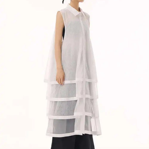 Load image into Gallery viewer, Women Black Layers Mesh Big Size Midi Vest Shirt Dress New Lapel Sleeveless Fashion Tide Spring Summer 2025 1DH9472
